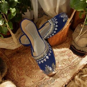 Embroidered Royal Blue Women's Slip-On Mules